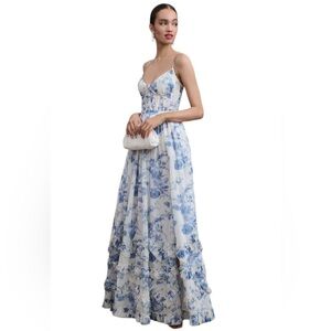 V. Chapman Carmen Corset Front-Slit Ruffled Gown– Provencal Blue Floral, Size 12